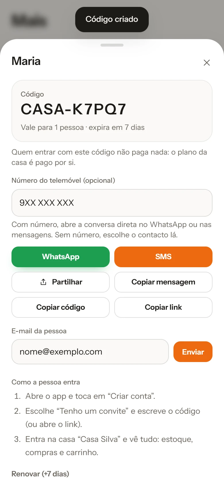 Convite: código para uma pessoa entrar na casa, com envio por WhatsApp, SMS ou e-mail