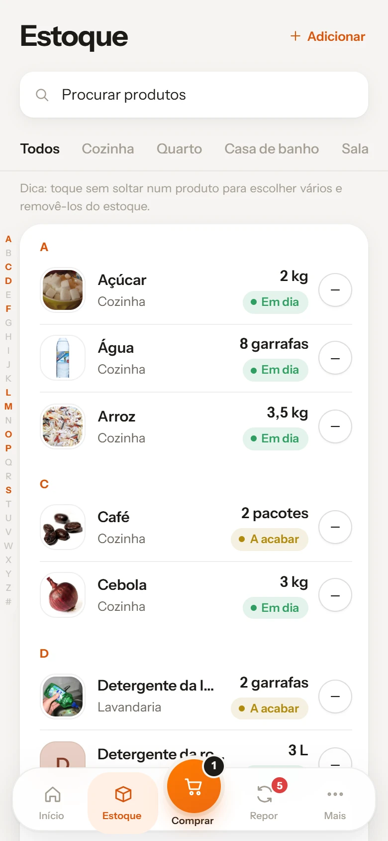 Ecrã Estoque de O meu Lar com os produtos, as quantidades e o estado de cada um